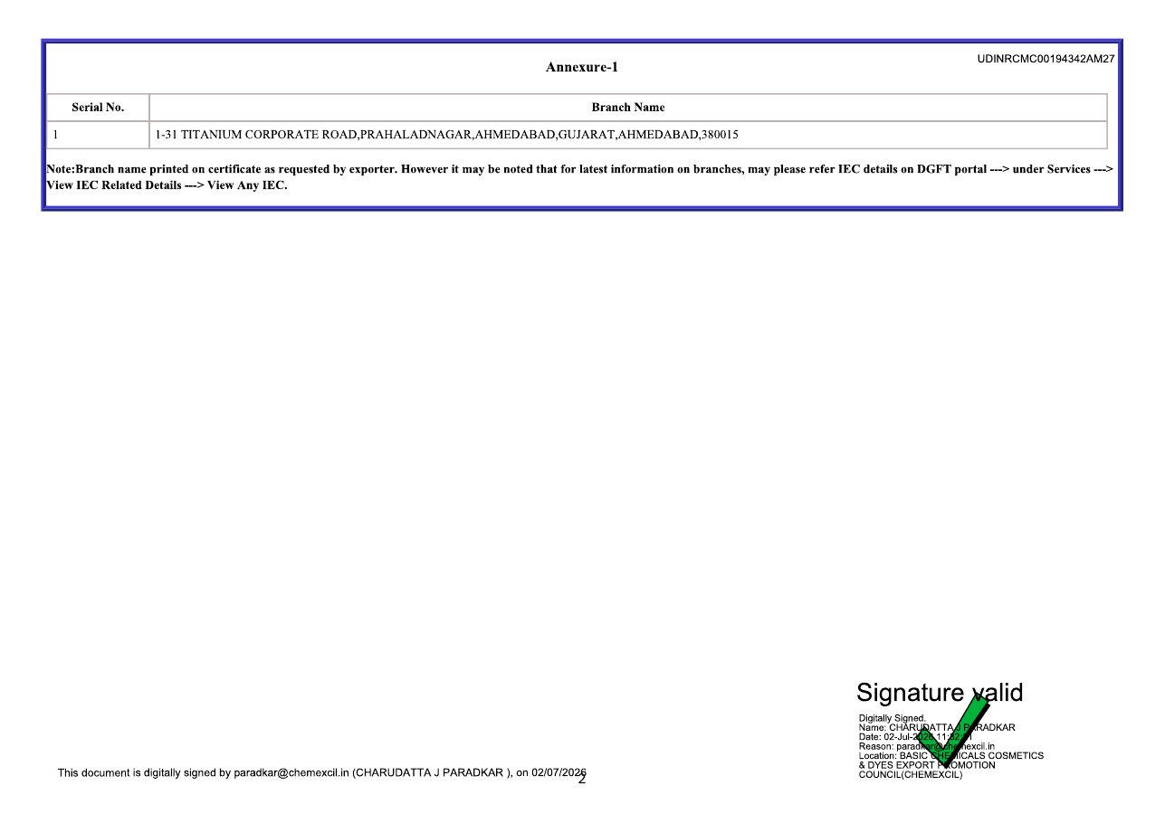 Chemexcil RCMC certificate, continued